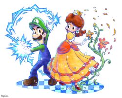 Rule 34 | artist name, artykinasia, blue overalls, facial hair, green shirt, luigi, mario &amp; luigi: superstar saga, mario &amp; luigi rpg, mario (series), mustache, nintendo, overalls, petals, princess daisy, shirt, signature, standing, white background