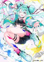 Rule 34 | 1girl, ahoge, aqua eyes, aqua hair, aqua nails, artist name, black choker, black shirt, black shorts, breasts, choker, commentary request, cropped shirt, double bun, full body, green jacket, hair bun, hair ornament, hatsune miku, highres, holding, holding brush, jacket, long hair, long sleeves, medium breasts, musical note earrings, muto (n0sug4r), off shoulder, official art, one eye closed, open clothes, open jacket, open mouth, pink socks, reaching, reaching towards viewer, shirt, shoes, shorts, smile, sneakers, socks, solo, thigh strap, twintails, vocaloid, white footwear, white jacket