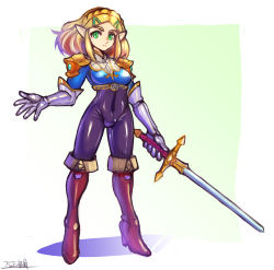 Rule 34 | 1girl, blonde hair, bodysuit, breasts, cameltoe, closed mouth, commentary request, full body, gloves, gradient background, green eyes, hair ornament, hairclip, highres, looking at viewer, medium hair, nintendo, oomasa teikoku, pointy ears, princess zelda, skin tight, solo, standing, sword, the legend of zelda, the legend of zelda: breath of the wild, triforce, weapon