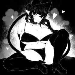 Rule 34 | 1girl, :q, animal ears, blunt bangs, boots, bra, braid, breasts, cat ears, cat girl, cat tail, cleavage, closed mouth, collarbone, commentary request, curvy, detached collar, elbow gloves, extra ears, full body, gloves, greyscale, groin, haseru (ginku mh), heart, huge breasts, kaenbyou rin, looking at viewer, monochrome, multiple tails, navel, nekomata, panties, pointy ears, side braids, sidelocks, sitting, smile, solo, tail, thigh boots, tongue, tongue out, touhou, twin braids, two tails, underwear