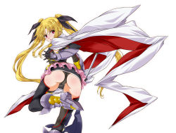 Rule 34 | arched back, ass, bardiche (bullova form) (nanoha), bardiche (nanoha), belt, black thighhighs, blonde hair, blush, boots, cape, commentary request, elbow gloves, fate testarossa, fate testarossa (blaze form ii), from behind, gauntlets, gloves, hair ribbon, highres, leotard, long hair, looking at viewer, looking back, lyrical nanoha, magical girl, mahou shoujo lyrical nanoha, red eyes, ribbon, shiny skin, simple background, skirt, solo, thighhighs, twintails, very long hair, white background, yashima tetsuya