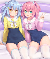 Rule 34 | 2girls, aqua eyes, blue hair, blush, bow, chestnut mouth, dango (sasaame), double bun, hair bun, hair ornament, hairclip, highres, looking at viewer, multiple girls, old school swimsuit, one-piece swimsuit, open mouth, original, pink hair, sailor collar, sasaame, school swimsuit, serasuku, sidelocks, smile, star (symbol), star hair ornament, swimsuit, thighhighs, v, wading pool, white bow, yellow eyes