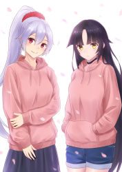 Rule 34 | 2girls, alternate costume, bad id, bad pixiv id, black hair, breasts, cherry blossoms, closed mouth, commentary request, fate/grand order, fate (series), furan (pixiv20237436), hair between eyes, hands in pockets, highres, hood, hoodie, katou danzou (fate), long hair, looking at viewer, medium breasts, multiple girls, ponytail, red eyes, red ribbon, ribbon, silver hair, smile, tomoe gozen (fate), very long hair, yellow eyes