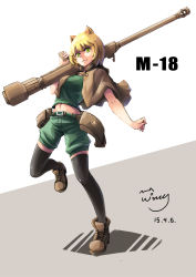 Rule 34 | 1girl, :3, animal ears, belt, blonde hair, boots, cannon, cat ears, character name, cloak, dated, green eyes, gun, highres, m18 hellcat, mecha musume, midriff, military, military vehicle, motor vehicle, muzzle device, original, personification, short hair, shorts, signature, slit pupils, solo, tank, thighhighs, vehicle, weapon, wing (4486066), world of tanks, world war ii, zettai ryouiki