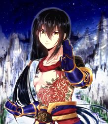 Rule 34 | 1boy, black hair, fate/grand order, fate (series), fighting stance, gauntlets, hair between eyes, long hair, male focus, monyoe, ponytail, topless male, solo, tattoo, yan qing (fate), yellow eyes
