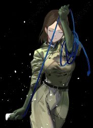 Rule 34 | 1girl, belt, black background, breasts, brown hair, choker, cofffee, closed eyes, gloves, medium breasts, military, military uniform, short hair, solo, the king of fighters, uniform, whip, whip (kof)