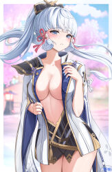 Rule 34 | 1girl, absurdres, armor, ayaka (genshin impact), blue eyes, blue nails, blunt bangs, borrowed clothes, breasts, cherry blossoms, cowboy shot, floating hair, genshin impact, hair ornament, hair ribbon, high ponytail, highres, jacket, japanese clothes, korean commentary, long hair, looking at viewer, medium breasts, mixed-language commentary, mole, mole under eye, open clothes, open jacket, open shirt, parted lips, pillarboxed, ribbon, shoulder armor, sidelocks, solo, tress ribbon, undressing, very long hair, white hair, wide sleeves, yeni1871