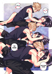 Rule 34 | 1boy, 1girl, apron, arm ribbon, babigonice, bare shoulders, barefoot, black apron, black hair, black pants, black shorts, black vest, blonde hair, blue eyes, blush, breasts, closed eyes, cloud strife, commentary, couple, crop top, earrings, english text, final fantasy, final fantasy vii, final fantasy vii advent children, from side, hand on another&#039;s head, heart, hetero, high collar, highres, hug, jewelry, kiss, kissing cheek, knees up, long hair, looking at another, lying, medium breasts, on back, pants, pillow, profile, red eyes, red ribbon, ribbed shirt, ribbon, sequential, shirt, shorts, single earring, sitting, sleeping, sleeveless, sleeveless shirt, speech bubble, spiked hair, swept bangs, tank top, teardrop earring, tifa lockhart, vest, waist apron, waking another, white tank top