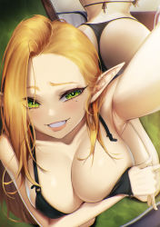 Rule 34 | 1girl, armpits, ass, asymmetrical hair, black bra, black panties, blonde hair, blueorca, bra, breast lift, breasts, collarbone, commentary, elf, from above, green eyes, grin, highres, indoors, large breasts, long hair, looking at viewer, looking up, mirror, mole, mole on armpit, mole under eye, original, outstretched arm, panties, pointy ears, selfie, smile, solo, unfastened, underwear