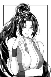 Rule 34 | 1girl, arm guards, bare shoulders, black872233196, breasts, brown eyes, brown hair, cleavage, fatal fury, folded fan, folding fan, hand fan, high ponytail, highres, holding, holding fan, japanese clothes, large breasts, long hair, looking at viewer, ninja, ponytail, revealing clothes, rope, shiranui mai, sideboob, simple background, smile, snk, solo, the king of fighters