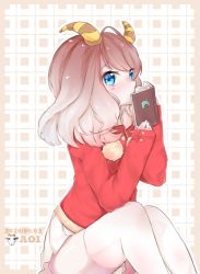 Rule 34 | 1girl, aoi (pixiv2498037), artist name, blue eyes, blush, book, brown hair, chevre (animal crossing), dated, animal crossing, freckles, goat, goat horns, highres, horns, multicolored hair, nintendo, personification, sitting, solo, thighhighs, two-tone hair, white hair