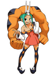 Rule 34 | 1girl, aqua hair, black eyes, breasts, cerebella (skullgirls), cleavage, female focus, hand on own hip, hat, horns, muscular, open mouth, simple background, skullgirls, smile, tagme, thighhighs, vice-versa (skullgirls), white background, yamamoto souichirou
