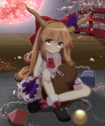 Rule 34 | 1girl, aki (yunkana), black footwear, blush, bow, bowtie, bridge, brown eyes, buttons, chain, cherry blossoms, closed mouth, colorized, commentary request, cube, ellipsis (mitei), falling petals, fang, fang out, flat chest, flower, footwear bow, full body, gourd, hair bow, highres, horn ornament, horn ribbon, horns, ibuki suika, long hair, looking at viewer, moon, on ground, orange hair, orb, petals, pink flower, purple ribbon, purple skirt, pyramid (structure), red bow, red bowtie, red moon, ribbon, ribbon-trimmed skirt, ribbon trim, shirt, sitting, skirt, sleeveless, sleeveless shirt, smile, socks, solo, touhou, very long hair, white shirt, white socks, wrist cuffs
