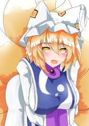 Rule 34 | 1girl, absurdres, animal ears, animal hat, blonde hair, blush, bob cut, breasts, dress, fangs, fox ears, fox tail, hat, highres, large breasts, leaning forward, long sleeves, looking at viewer, marker (medium), meshiiro (rome sy), multiple tails, short hair, sleeves past fingers, sleeves past wrists, tabard, tail, touhou, traditional media, white dress, yakumo ran, yellow eyes