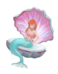 Rule 34 | 1girl, absurdres, bikini, bikini top only, bikini under clothes, blue eyes, breasts, clam, creatures (company), drelouder, game freak, hair ornament, highres, jewelry, long hair, looking at viewer, mermaid, mermaid costume, mermaid misty (pokemon), misty (pokemon), monofin, monster girl, necklace, nintendo, pokemon, pokemon (anime), pokemon (classic anime), red hair, shell, shell necklace, simple background, smile, solo, star (symbol), strapless, strapless bikini, swimsuit, unzipped, wet, white background