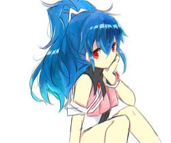 Rule 34 | 1girl, alfimi, artist request, banpresto, bare legs, blue hair, female focus, long hair, looking at viewer, red eyes, sitting, solo, super robot wars
