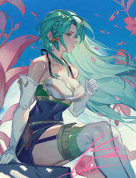 Rule 34 | 1girl, absurdres, blue hair, braid, breasts, chloe (fire emblem), cleavage, cleavage cutout, clothing cutout, elbow gloves, fire emblem, fire emblem engage, garter straps, gloves, green eyes, hair ribbon, highres, large breasts, long hair, looking to the side, nintendo, obsession, ribbon, sitting, solo, thighhighs, white gloves