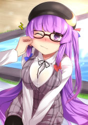 Rule 34 | 1girl, alternate costume, bad id, bad nicoseiga id, bespectacled, black pantyhose, blush, bow, breasts squeezed together, breasts, cheek pinching, contemporary, crescent, female focus, glasses, hair bow, hat, highres, large breasts, long hair, one eye closed, pantyhose, patchouli knowledge, pinching, purple eyes, purple hair, sitting, solo, tears, touhou, two side up, v arms, wince, wink, yamane akira