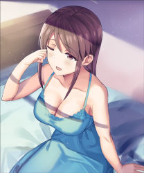 Rule 34 | 1girl, :o, arm up, armpits, bare arms, bare shoulders, bed, bed frame, bed sheet, blush, breasts, brown eyes, brown hair, cleavage, collarbone, idolmaster, idolmaster cinderella girls, indoors, large breasts, lingerie, long hair, mifune miyu, negligee, on bed, one eye closed, open mouth, shiroi yuumi, sidelocks, sitting, sunlight, underwear, waking up
