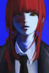 Rule 34 | 1girl, ayez, black necktie, blue background, blunt bangs, braid, braided ponytail, chainsaw man, collared shirt, formal, hair over shoulder, highres, long hair, looking at viewer, makima (chainsaw man), mismatched pupils, necktie, parted lips, portrait, red hair, ringed eyes, shirt, simple background, solo, suit, white shirt, yellow eyes