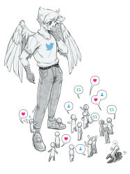Rule 34 | 1boy, 6+others, belt, bird boy, bird wings, commentary, english commentary, feathered wings, fist fight, full body, furry, furry male, hand on own neck, heart, highres, looking down, multiple others, pants, remibun, shirt, shoes, sneakers, speech bubble, spot color, twitter, twitter logo, white shirt, wings