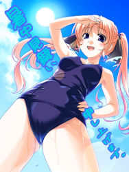 Rule 34 | 1girl, blonde hair, blue eyes, blush, cloud, day, fang, hand on own hip, hinohoshi ataru, one-piece swimsuit, open mouth, original, school swimsuit, shochuumimai, solo, sun, swimsuit, twintails, wet