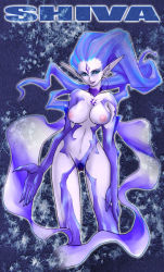 Rule 34 | 00s, 1girl, blue hair, breasts, colored skin, female focus, female pubic hair, final fantasy, final fantasy xi, monster girl, nipples, pointy ears, pubic hair, purple skin, shiva (final fantasy), solo, tomotsuka haruomi
