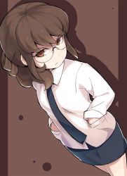 Rule 34 | 1girl, brown background, brown eyes, brown hair, commentary request, from above, glasses, hands in pockets, long hair, looking at viewer, miniskirt, monosenbei, necktie, ponytail, senpai club, sensei-sensei, sidelocks, skirt, solo