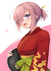 Rule 34 | 1girl, blush, breasts, commentary request, eyes visible through hair, fate/grand order, fate (series), glasses, hair over one eye, hair ribbon, holding, japanese clothes, kimono, large breasts, looking at viewer, mash kyrielight, mash kyrielight (enma-tei uniform), nullken, official alternate costume, open mouth, pink hair, purple eyes, red kimono, ribbon, short hair, smile, solo, yellow ribbon