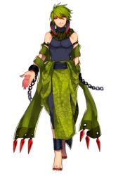 Rule 34 | 1boy, barefoot, chain, closed mouth, creatures (company), fingernails, full body, game freak, gen 5 pokemon, green hair, green scarf, hair between eyes, haxorus, katagiri hachigou, male focus, nail polish, nintendo, personification, pokemon, red eyes, red nails, scarf, sharp fingernails, short hair, simple background, smile, solo, striped clothes, striped scarf, toenail polish, toenails, vertical-striped clothes, vertical-striped scarf, white background