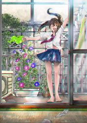 Rule 34 | 1girl, absurdres, arm up, barefoot, blue skirt, brown hair, chromatic aberration, clothes hanger, day, electric fan, closed eyes, facing viewer, flower, flower box, full body, highres, laundry, long hair, morning glory, original, plant, potted plant, railing, rika syakai, school uniform, shirt, skirt, smile, unworn socks, solo, standing, watering can, white shirt
