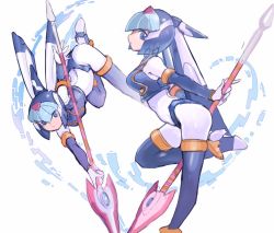 Rule 34 | 1girl, android, blue eyes, bodysuit, boots, breasts, helmet, high heels, holding, holding weapon, leg up, fairy leviathan (mega man), medium breasts, multiple views, nemo (leafnight), polearm, profile, mega man (series), mega man zero (series), simple background, smile, spear, thigh boots, thighhighs, weapon