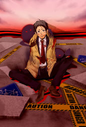 Rule 34 | 1boy, adachi tooru, atlus, black hair, blood, caution tape, male focus, monster, necktie, persona, persona 4, shadow, shadow (persona), solo, spoilers, sumi (pixiv), sumii (fumiki7), torn clothes