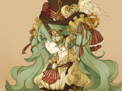 Rule 34 | 1girl, arm belt, brown background, chain, earclip, earrings, expressionless, gears, green eyes, green hair, hair ornament, hair ribbon, hairclip, hat, hatsune miku, heart, jewelry, long hair, maerchen noir, matching hair/eyes, musical note, pocket watch, puffy sleeves, ribbon, shirt, simple background, single wing, solo, steampunk, top hat, treble clef, twintails, upper body, vocaloid, watch, white wing, wings