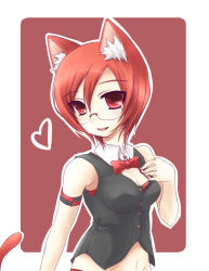 Rule 34 | animal ears, bad id, bad pixiv id, cat ears, cat tail, glasses, heart, highres, red eyes, red hair, ribbon, short hair, solo, tail, zenn