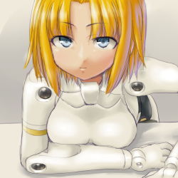 Rule 34 | 10s, 1girl, arm support, arnval, bad id, bad pixiv id, blonde hair, blue eyes, bodysuit, breasts, busou shinki, dd (ijigendd), doll joints, face, joints, medium breasts, short hair, solo