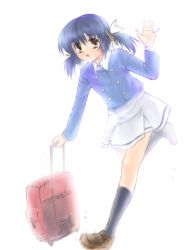 Rule 34 | 00s, 1girl, bad id, bad pixiv id, blue hair, brown eyes, clannad, female focus, full body, furuhashi, furuhashi mihiro, gradient background, luggage, rolling suitcase, short hair, solo, suitcase, sunohara mei, twintails, waving, white background