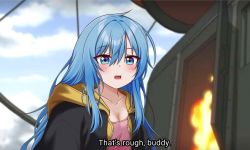 Rule 34 | 1girl, absurdres, avatar: the last airbender, avatar legends, blue eyes, blue hair, breasts, cleavage, collarbone, elie wayne, english text, highres, jan azure, large breasts, long hair, looking at viewer, original, outdoors, parody, solo, subtitled