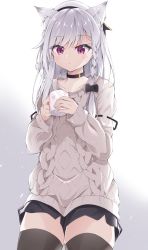 Rule 34 | nanashi inc., alternate costume, animal ears, animare, beret, black thighhighs, collarbone, commentary request, cup, gray ceon, hair ribbon, hat, highres, long hair, purple eyes, ribbon, shiromiya mimi, side ponytail, silver hair, simple background, solo, sweater, thighhighs, virtual youtuber, white background