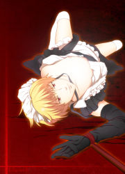 Rule 34 | 1boy, bad id, bad pixiv id, blonde hair, crossdressing, elbow gloves, fate/stay night, fate (series), gilgamesh (fate), gloves, keisuke2525, maid, male focus, red eyes, solo, thighhighs, white thighhighs