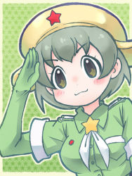 Rule 34 | &gt;:3, 10s, 1girl, :3, beige border, belt, black belt, blush, border, breast pocket, brown eyes, buttons, collar, dot nose, eyelashes, genderswap, genderswap (mtf), gloves, green background, green gloves, green hair, green neckerchief, green theme, hakkatou, hand on forehead, hand up, hat, kemono friends, keroro, keroro gunsou, looking at viewer, neckerchief, outline, outside border, peaked cap, personification, pocket, salute, short hair, short sleeves, sleeve cuffs, smile, solo, star-shaped pupils, star (symbol), starry background, symbol-shaped pupils, tareme, upper body, v-shaped eyebrows, white outline, wing collar, yellow hat
