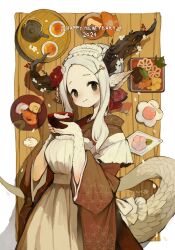 Rule 34 | 1girl, 2024, absurdres, apron, artist name, asa no ha (pattern), black eyes, blush, bowl, brown kimono, chinese zodiac, closed mouth, commentary request, dragon girl, dragon horns, dragon tail, fang, fang out, flower, folding fan, food, food request, frilled hairband, frills, grey hair, hair flower, hair ornament, hairband, hairclip, hand fan, hands up, happy new year, highres, holding, holding bowl, horns, japanese clothes, kamaboko, kimono, long hair, looking at viewer, nengajou, new year, no sclera, original, plate, pointy ears, sakutake (ue3sayu), scales, shrimp, smile, solo, tail, tray, upper body, white apron, year of the dragon