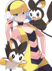 Rule 34 | 1girl, absurdres, bare arms, black choker, blonde hair, blue eyes, blunt bangs, choker, collarbone, commentary, creatures (company), elesa (pokemon), emolga, game freak, gen 5 pokemon, hand on own hip, hand up, highres, holding, holding poke ball, lex suri12, looking at viewer, nail polish, nintendo, pantyhose, parted lips, pink nails, poke ball, poke ball (basic), pokemon, pokemon (creature), pokemon bw, pokemon on arm, short hair, simple background, white background