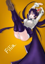 Rule 34 | 1girl, arms up, ass, blue hair, character name, filia (skullgirls), long hair, long tongue, looking down, nanafushi, necktie, open mouth, panties, red eyes, samson (skullgirls), skullgirls, solo, thighhighs, tongue, tongue out, underwear, upskirt, yellow background, yellow eyes