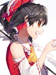 Rule 34 | 1girl, arm up, ascot, black hair, commentary request, detached sleeves, fang, from side, gohei, gunjou row, hair ribbon, hair tubes, hakurei reimu, half updo, highres, looking to the side, open mouth, profile, red eyes, red vest, ribbon, ribbon-trimmed sleeves, ribbon trim, short hair, short ponytail, simple background, solo, teeth, touhou, upper body, upper teeth only, vest, white background, yellow ascot
