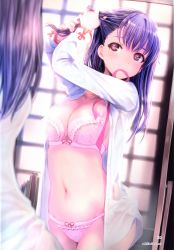Rule 34 | 1girl, absurdres, blurry, bra, breasts, cleavage, cowboy shot, depth of field, dutch angle, fate/stay night, fate (series), from behind, highres, indoors, long sleeves, matou sakura, medium breasts, mikazuki akira!, mirror, mouth hold, navel, open clothes, open shirt, page number, panties, pink bra, pink panties, purple eyes, purple hair, reflection, ribbon, ribbon in mouth, scan, see-through, shirt, solo, tying hair, underwear