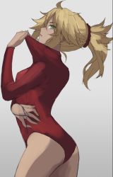 Rule 34 | 1girl, ass, blonde hair, braid, cat&#039;s cradle, contrapposto, cowboy shot, fate/apocrypha, fate (series), fingernails, french braid, from side, green eyes, hand up, highres, leotard, leotard pull, long hair, long sleeves, looking at viewer, looking to the side, mordred (fate), mordred (fate/apocrypha), parted lips, ponytail, pulled by self, red leotard, sideways glance, solo, tonee, unfinished