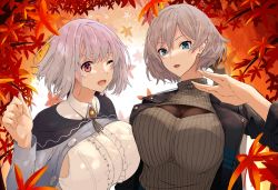 Rule 34 | 2girls, :d, ;d, autumn leaves, azur lane, black jacket, blue eyes, blue jacket, bodystocking, breast press, breasts, center frills, cleavage, cleavage cutout, clothing cutout, collared shirt, commentary request, eyebrows hidden by hair, frills, grey hair, grey sweater, gridman universe, hair between eyes, hand up, highres, jacket, large breasts, leaf, leather, leather jacket, long sleeves, looking at viewer, lower teeth only, mujina, mujina (golden promenade), multiple girls, neck ribbon, official alternate costume, one eye closed, open clothes, open jacket, open mouth, pink hair, red eyes, reibun (raven1119), ribbed sweater, ribbon, shinjou akane, shinjou akane (a vacation just for two), shirt, short hair, sideboob, sidelocks, smile, ssss.dynazenon, ssss.gridman, standing, sweater, teeth, upper body, white shirt