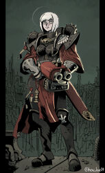 Rule 34 | .75 calibre bolt, 1girl, adepta sororitas, ammunition, anti-materiel cartridge, armor, artist name, bob cut, bolt (warhammer 40k), bolter, drum magazine, full body, gauntlets, grey eyes, grey sky, gun, high-explosive cartridge, ho-uja, holding, holding gun, holding weapon, looking at viewer, magazine (weapon), no humans, outdoors, parted lips, pauldrons, pelvic curtain, rocket-assisted projectile, sheath, sheathed, short hair, shoulder armor, sky, solo, standing, sword, warhammer 40k, weapon, white hair, window magazine