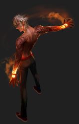 Rule 34 | 1boy, arm tattoo, back, black gloves, fire, gloves, glowing, green eyes, grey background, herowarz, highres, kogseu, looking back, male focus, muscular, parted lips, shoes, simple background, smile, sneakers, solo, standing, tattoo, white hair